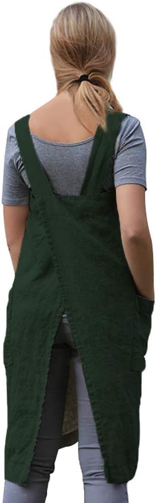 Women's Pinafore Square Apron Baking Cooking Gardening Works Cross Back Cotton/Linen Blend Dress with 2 Pockets