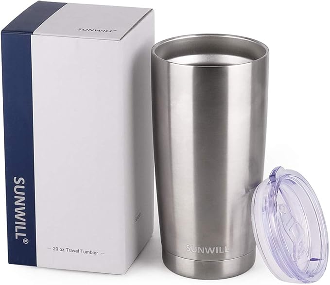 SUNWILL Travel Coffee Tumbler 20 oz, Stainless Steel Mug with Lid, Insulated Cup for Water, Tea, Hot and Cold Drinks, Silver