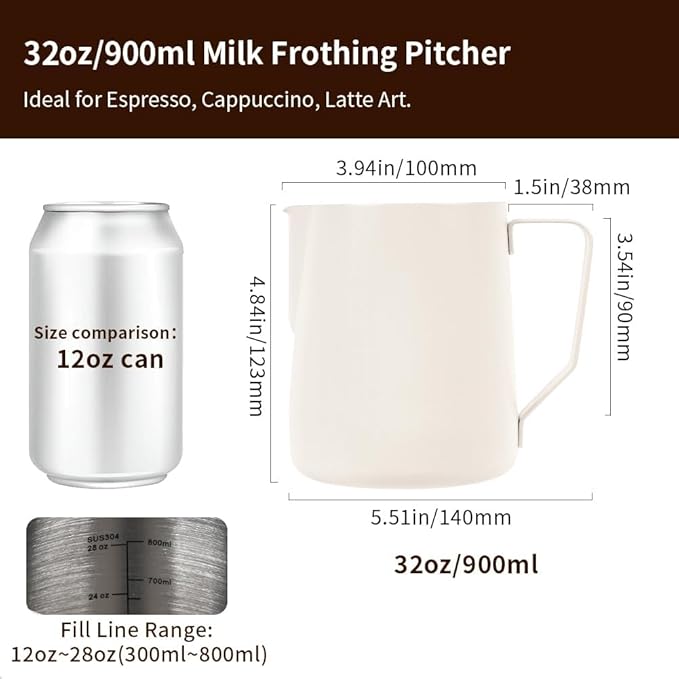 watchget Milk Frothing Pitcher 32oz/900ml - Stainless Steel Frothing Pitcher Espresso Steaming Pitcher Coffee Frother Cup Cappuccino Latte Art Coffee Machine Accessories Milk Jug, Creamy White