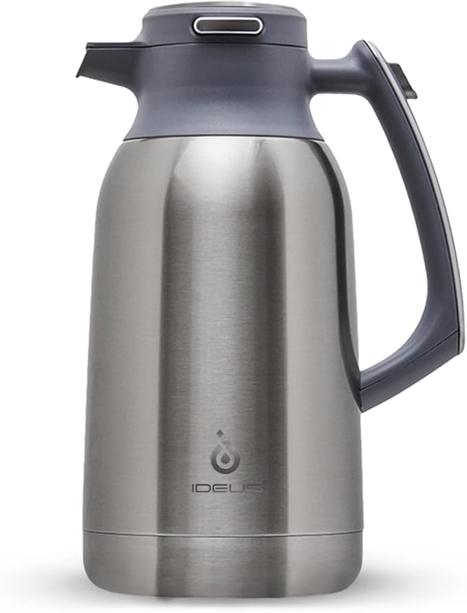 IDEUS Thermal Coffee Carafe 68oz (2,000ml), Stainless Steel Double Wall Insulated Vacuum Flask, Water Jug Coffee Server and Beverage Dispenser, Heat and Cold Retention (Metallic, 68oz (2,000ml))