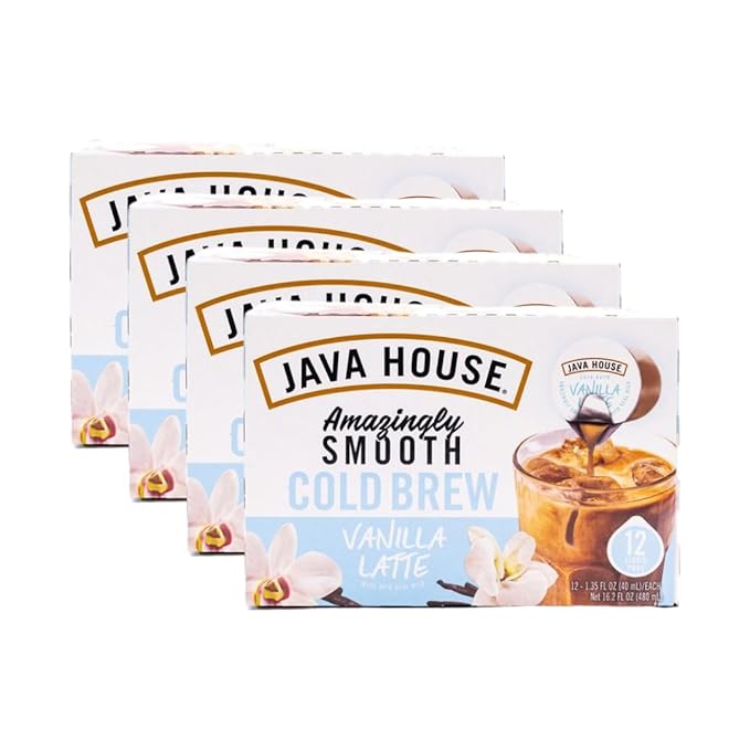JAVA HOUSE French Vanilla Latte Cold Brew Coffee Pods, (48 Count) Peel and Pour Pods Hot or Iced