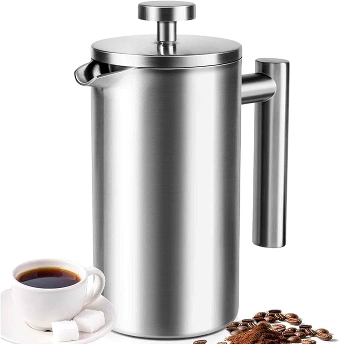 French Press 34 oz, Full Stainless Steel French Press Coffee Maker 4 Cups, Upgrated Double-Walled Insulated French Coffee Presses, Food Grade Good for Kitchen Camping, Dishwasher Safe 2 More Filters