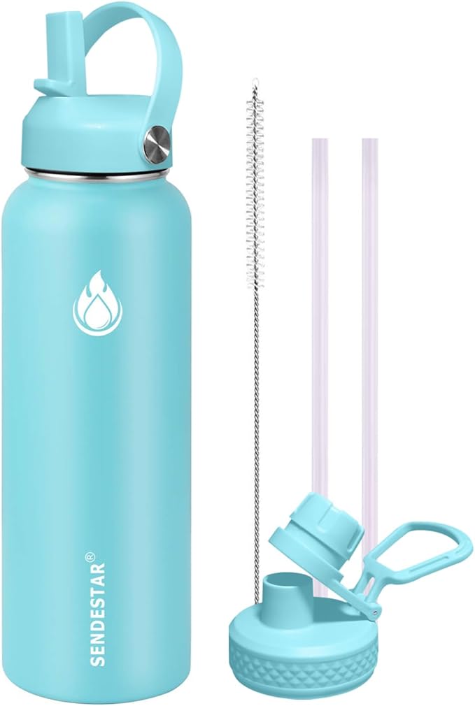SENDESTAR Stainless Steel Water Bottle, Wide Mouth Water Bottle 40 oz with Straw Lid, Spout Lid, Double Wall Vacuum Insulated Leak Proof, Keeps Liquids Hot or Cold (Mint)