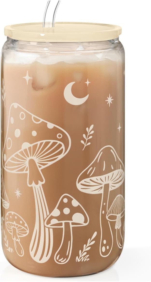 Mushroom 16oz Can Glass Tumbler with Acrylic Lid & Straw, Iced Coffee Cup for Women, Aesthetic Cups Gifts for Birthday Christmas