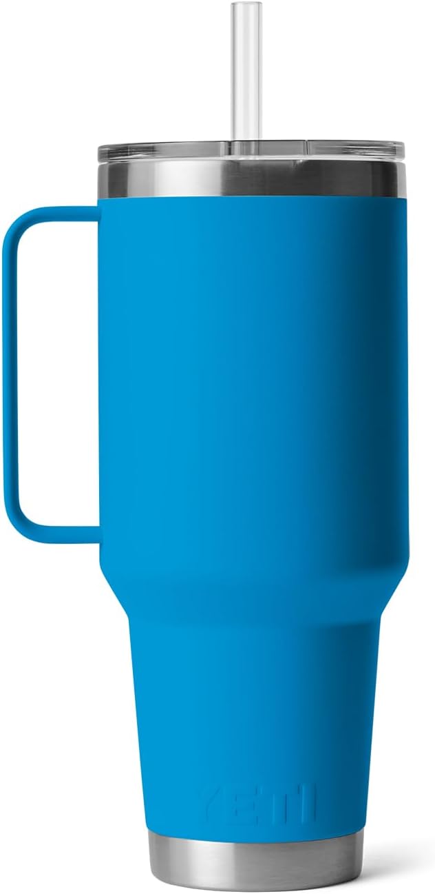 YETI Rambler 42 oz Tumbler with Handle and Straw Lid, Travel Mug Water Tumbler, Vacuum Insulated Cup with Handle, Stainless Steel, Big Wave Blue