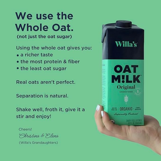 Willa's Organic Oat Milk - Unsweetened Original Oatmilk, Non-GMO, Shelf Stable, Low Sugar, Non-Dairy Vegan Milk, Made from Whole Oats, No Oil, No Gums, 32oz, Pack of 6