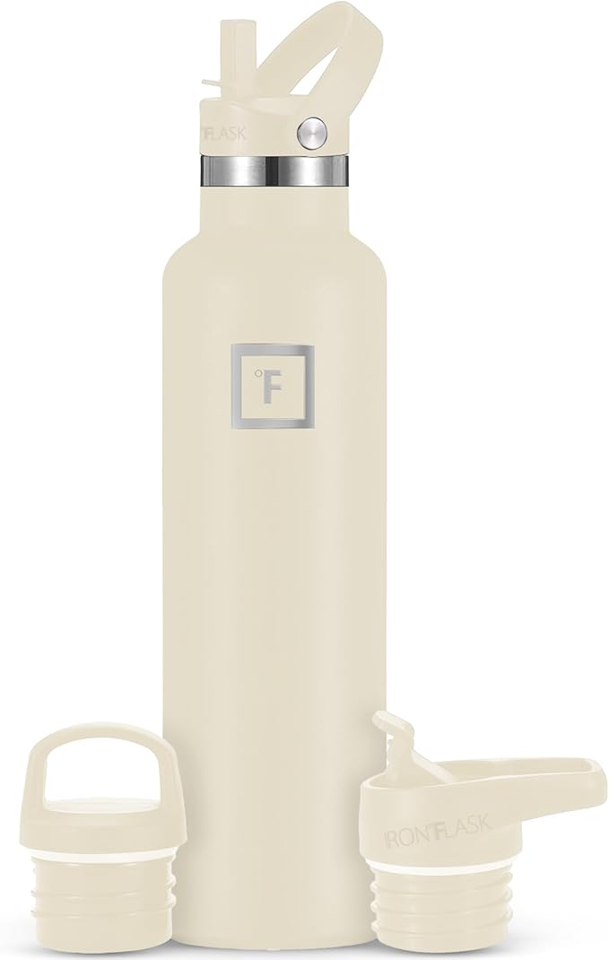 IRON °FLASK Camping & Hiking Hydration Canteens - 3 Lids (Narrow Straw Lid) Leak Proof Vacuum Insulated Stainless Steel - Hot & Cold Double Walled Sports Water Bottle - Cashmere Cream, 24 Oz