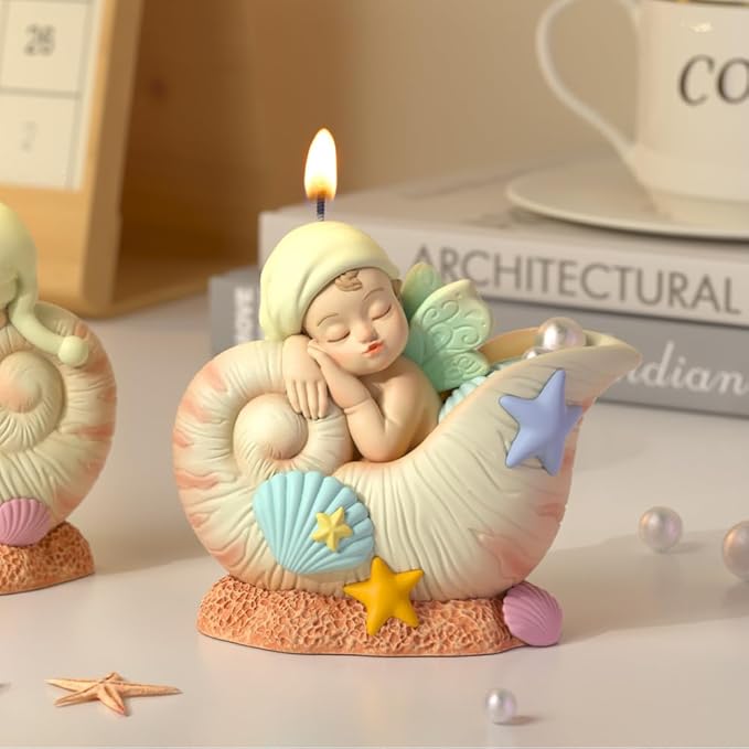 Fantasy Angel Conchs Shell Candle Silicone Mold – Cute Kawaii Seashell Sleeping Fairy Baby Epoxy Resin Mold for Aromatherapy Candle Making, DIY Crafts, Soap, Wax, Clay Desktop Decor