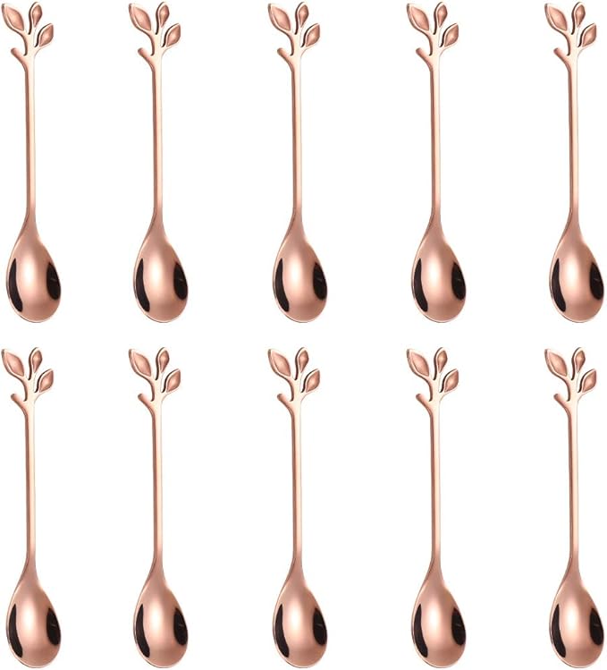 AnSaw Elegant Rose Gold Leaf Coffee Spoons - 10-Piece, 4.7" Mini Stainless Steel Espresso & Dessert Tea Spoons, Perfect for Demitasse & Small Servings