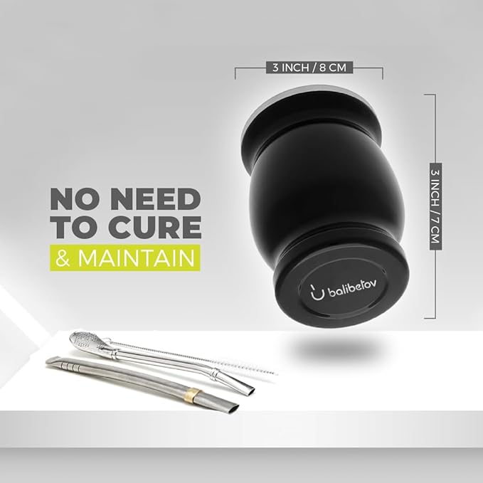 BALIBETOV Stainless Steel Double-Wall Mate Cup And Bombilla Set - Yerba Mate set Includes One Yerba Mate Cup, 2 Bombillas Mate (Straw) & Brush - Easy to Clean (Black)