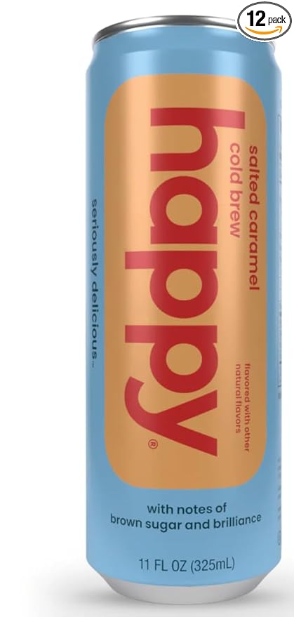 happy coffee salted caramel cold brew, 11 oz. cans, 12 pack, notes of brown sugar & brilliance, 100% arabica beans, no artificial flavors or artificial sweeteners
