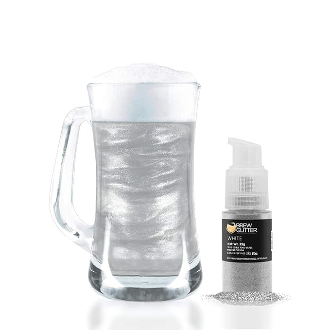 White Brew Glitter Edible Glitter for Drinks, Cocktails, Beer, Garnish Glitter & Beverages | Kosher & Halal Certified | 100% Edible & Food Grade | Vegan, Gluten, Nut Free (25g Spray Pump, White)