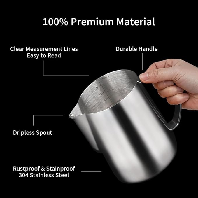 watchget Milk Frothing Pitcher 20oz/600ml Stainless Steel Espresso Steaming Pitcher for Espresso Machines Coffee Frothing Cup Cappuccino Latte Art Milk Jug Cup