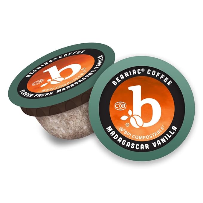 beaniac Flavor Freak Madagascar Vanilla, Flavored Light Roast, Single Serve Compostable K Cup Coffee Pods, Arabica Coffee with Natural Flavors, Keurig Brewer Compatible, 30 Count
