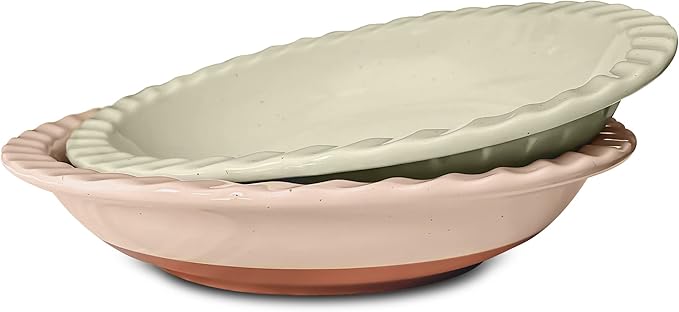 Mora Ceramics Classic 9 Inch Round Pie Pans Set of 2 - Dishwasher and Oven Safe, Shallow Pans for Baking Apple/Pumpkin Pies, Quiche, Rolls, etc.