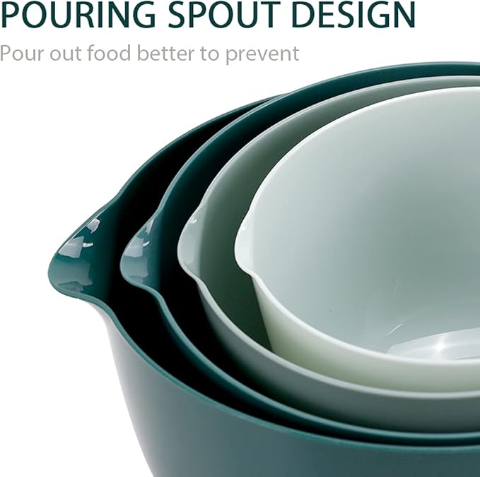 BoxedHome Green Ombre Nesting Plastic Mixing Bowl Set With Pour Spout, Microwave and Dishwasher Safe, BPA free Non-Slip Base, Set of 4 Size 1.7, 2.5, 3.5 and 4.5qt, Great for Prepping, Baking, Cooking
