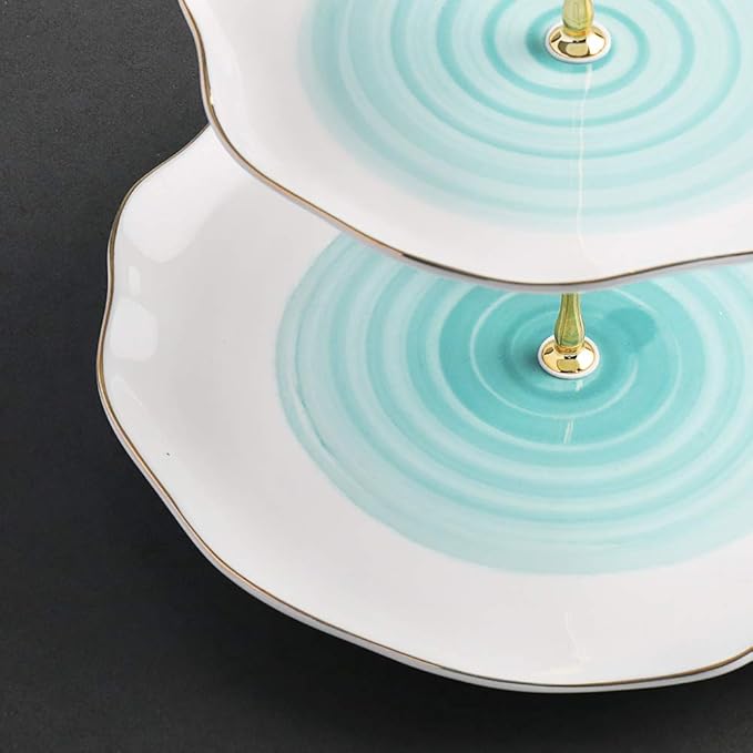 Sweejar 3 Tier Ceramic Cake Stand,Dessert Stand,Cupcake Stand,Tea Party Pastry Serving Platter,Food Display Stand for Tea/Coffee/Birthday/Wedding/Women/Afternoon/Gift - Blue