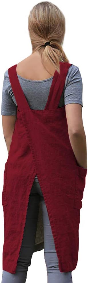 Women's Pinafore Square Apron Baking Cooking Gardening Works Cross Back Cotton/Linen Blend Dress with 2 Pockets