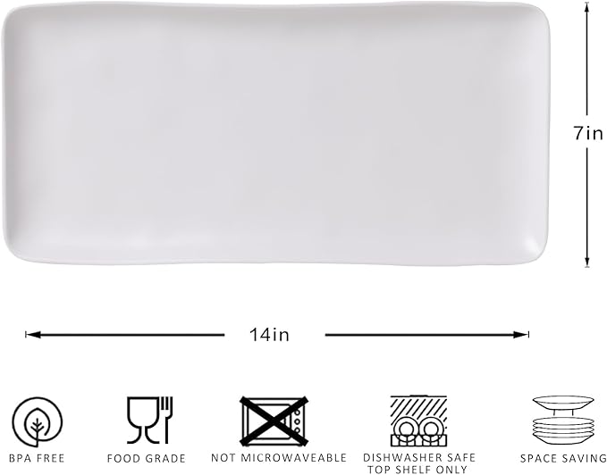 White Melamine Rectangular Serving Platter/Trays, Set of 4, 14” X 7” Fruit Cake Bread Sushi Plate for Party Serving Food, Lightweight and Unbreakable