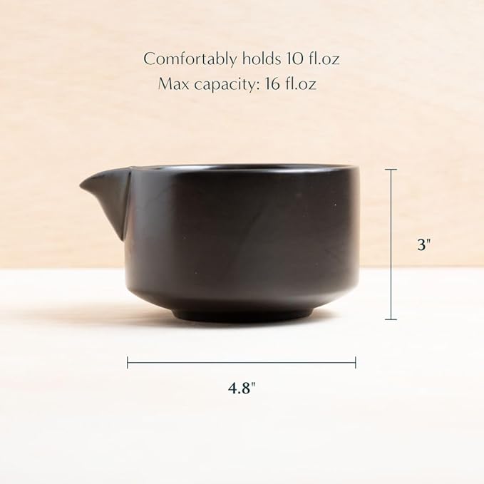 Naoki Matcha Traditional Ceramic Chawan Matcha Tea Bowl with Pour Spout Set - Hand Made Ceramic with Black Matte Glaze - For Perfectly Whisked Matcha Green Tea (18 Ounce)