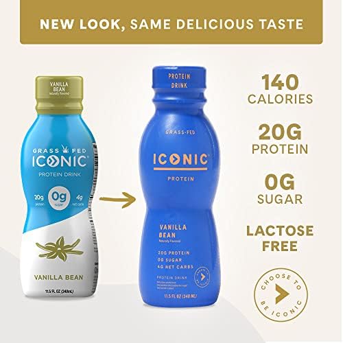 Iconic Protein Drinks, Vanilla Bean (12 Pack) - Sugar Free & Low Carb - 20g Grass Fed Protein - Lactose Free, Gluten Free, Non-GMO, Kosher - Keto Friendly Protein Shakes