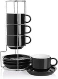 Sweejar Porcelain Cappuccino Cups with Saucers and Metal Stand, 8 Ounce Stackable Espresso Cups for Specialty Coffee Drinks, Latte, Americano, Tea - Set of 4 (Black)