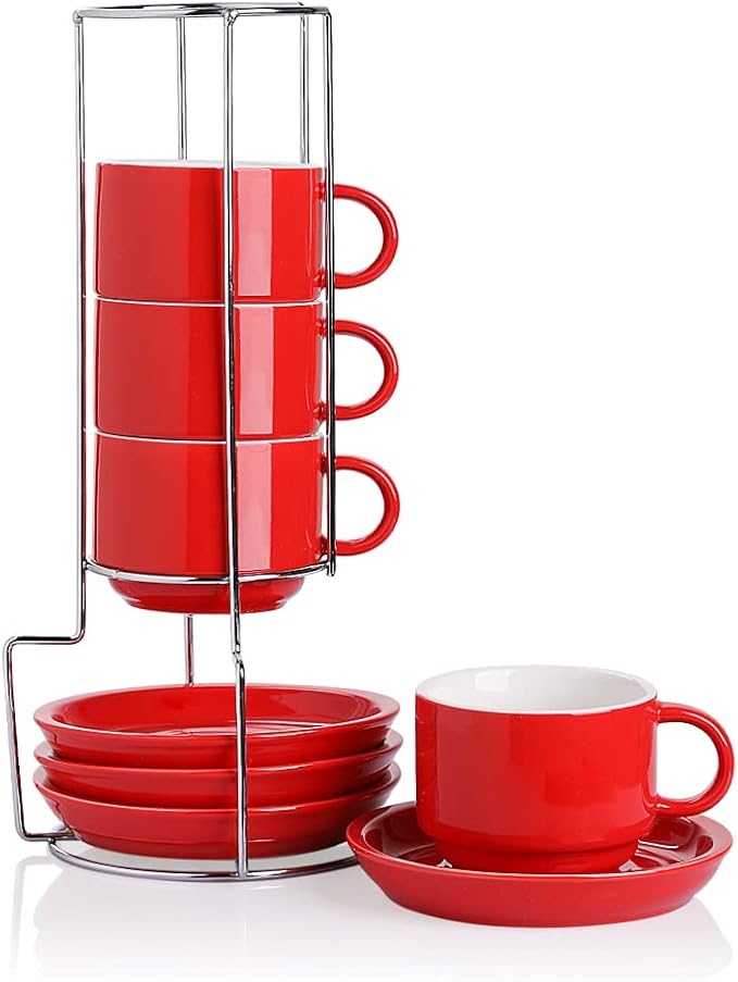 Sweejar Porcelain Cappuccino Cups with Saucers and Metal Stand, 8 Ounce Stackable Espresso Cups for Specialty Coffee Drinks, Latte, Americano, Tea - Set of 4 (Red)