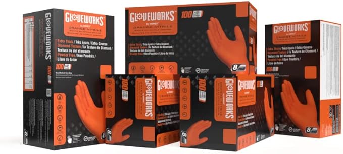 GLOVEWORKS Heavy-Duty Nitrile Gloves, Disposable, Latex Free, 8 Mil, Orange, Diamond Grip Glove