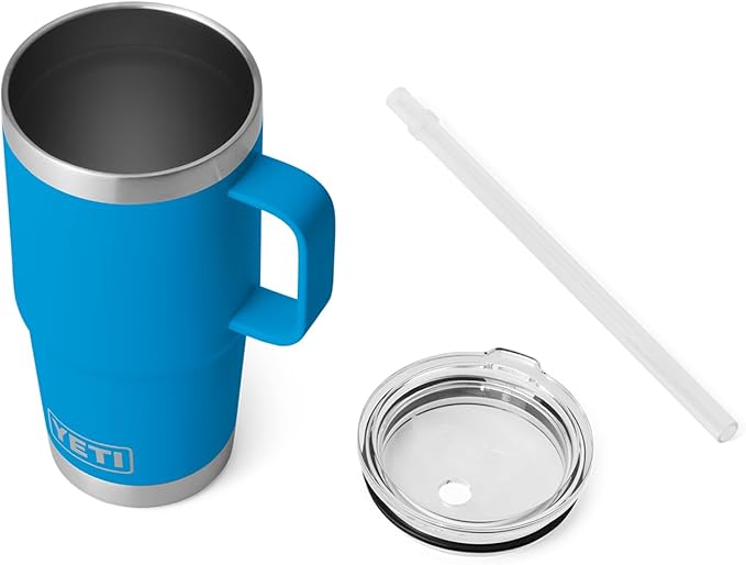 YETI Rambler 25 oz Tumbler with Handle and Straw Lid, Travel Mug Water Tumbler, Vacuum Insulated Cup with Handle, Stainless Steel, Big Wave Blue