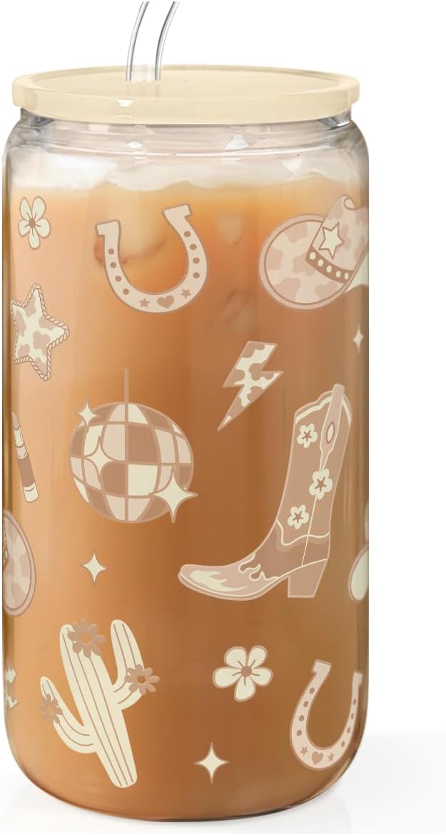 Western Cowgirl 16oz Can Glass Tumbler with Acrylic Lid & Straw, Iced Coffee Cup for Women, Aesthetic Cups Gifts for Birthday Christmas