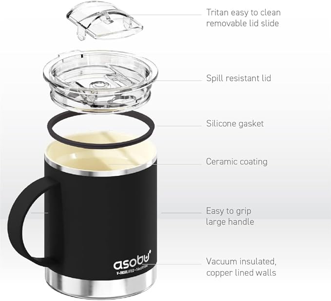 asobu Ultimate Ceramic Travel Mug, 12oz Insulated Stainless Steel Coffee Cup with Handle & Splash-Resistant Lid, Ceramic Lined for Pure Taste, BPA-Free, Double-Wall Vacuum for Hot Drinks