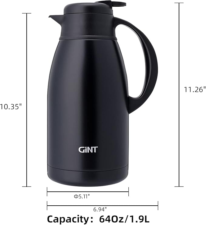 GiNT Stainless Steel Thermal Coffee Carafe, Double Walled Vacuum Water and Beverage Dispenser, 12 Hour Heat Retention, 65 OZ /1.9 Liter Black