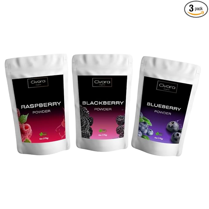 Civara Organic Fruit Powder Trio – 3-Pack (6oz Each) | 100% Natural, No Sugar, No Additives | USDA Organic, Vegan, Gluten-Free | Perfect for Smoothies, Drinks & Baking – Choose Your Flavors (3. Raspberry + Blackberry + Blueberry)