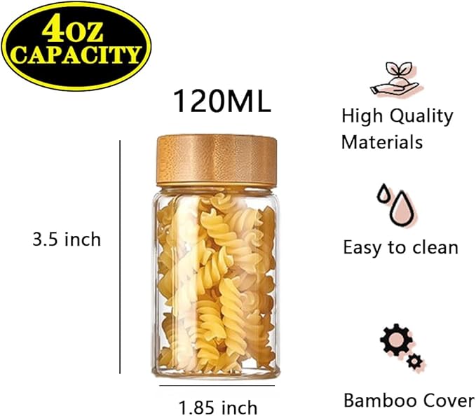 Oidium 4 oz Glass Jars with Bamboo Lids,4-Pack,Glass Spice Jars,Bulk Clear Round for Making Candles,Small Glass Jars For Flour,Sugar,Spices,Tea,Jams,Liquid.wide mouth Mini Jars (Clear 4Pack(4oz))