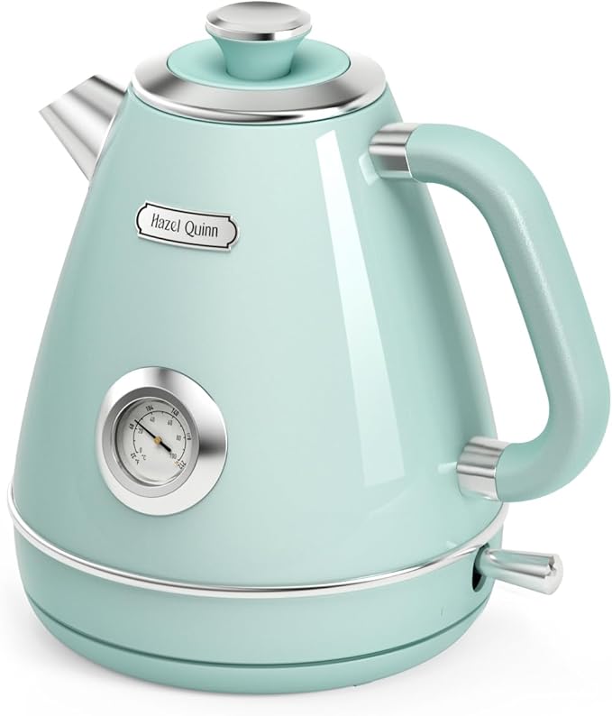 Hazel Quinn Retro Electric Kettle - 1.7 Liters / 57.5 Ounces Tea Kettle with Thermometer, All Stainless Steel, 1200 Watts Fast Boiling, BPA-free, Cordless, Automatic Shut Off - Mint Green