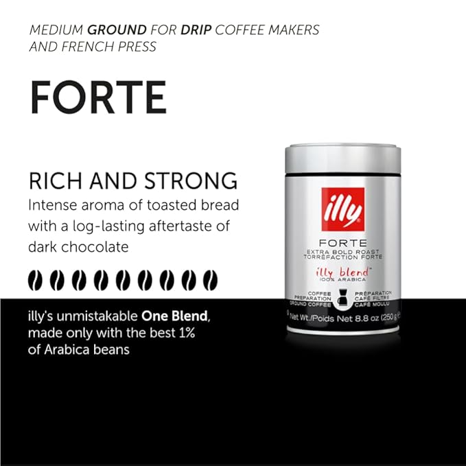 Illy Coffee, Ground Drip Forte, Extra Dark Roast, 100% Arabica Bean Bold Signature Italian Blend, No Preservatives, 8.8 Ounce (Pack Of 1)