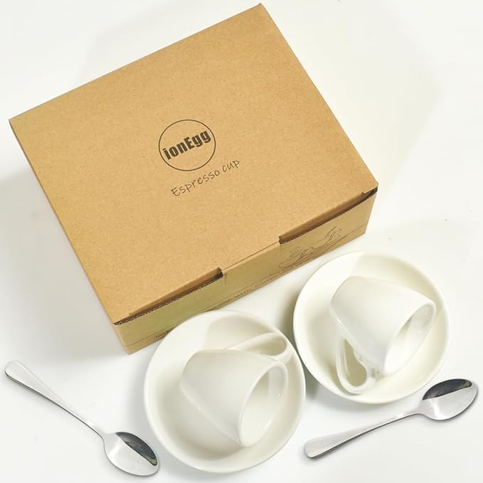 Porcelain Espresso Cup with Saucer And Stainless Steel mini Spoons, Espresso shot Cup, 80ml/2.7Oz, Pack of 2, White