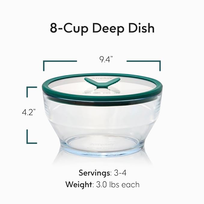 Anyday 8-Cup Glass Food Storage with Glass Lid, Round Deep Dish | Plastic-Free Meal Prep & Microwave Cookware | Stackable Airtight Storage Container with Vented Lid for Microwave-Safe Reheating
