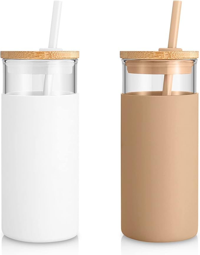 Tronco 20 oz Glass Tumbler Glass Water Bottle Straw Silicone Protective Sleeve Bamboo Lid - BPA Free - White Amber/ 2 Pack