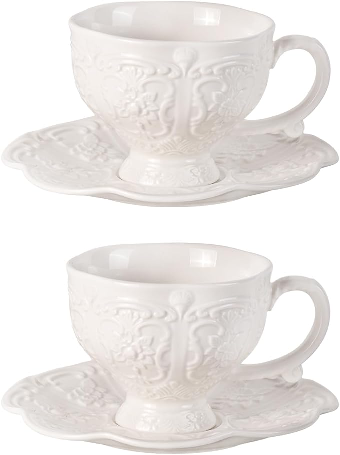 KAMMAK Tea Cups and Saucers Set of 2, Porcelain Coffee Cups, 7.8-Ounce Stackable Espresso Mugs, Ceramic Demitasse for Coffee, Latte, Americano, Tea, Britney