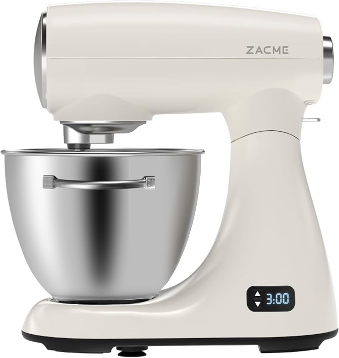 ZACME Mixers Kitchen Electric Stand Mixer 5.5QT 600W, Aluminum die casting and Gears, Dual Cooling System, Low Noise, DC Motor, LED Display and Timing Function, Tilt-head Metal Food Mixer, White