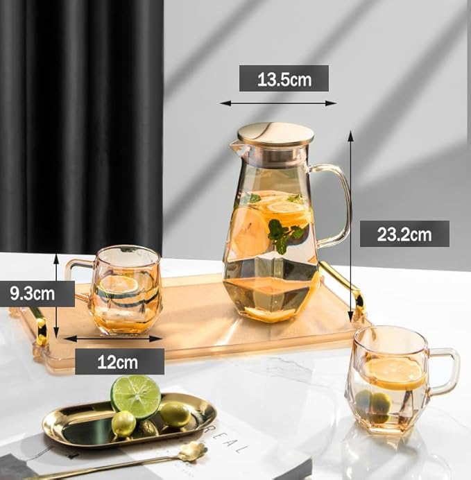 1.7 Liter/58oz Glass Pitcher with Lid Water Carafe Jug with Spout Handle for Hot/Cold Water Tea Beverage (Gold 5-Pcs/Set)