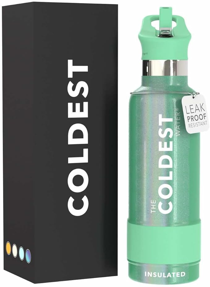 Coldest Insulated Water Bottle with Straw Lid - Stainless Steel Metal Insulated Bottle for Men & Women (Green Aurora Glitter, 21 oz)