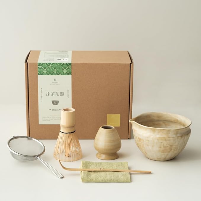 6-pcs Japanese Matcha Whisk Set with Handmade Wabi-Sabi Ceramic Bowl(Chawan),Bamboo Chasen, Whisk Holder, Scoop, Sifter & Tea Towel,Matcha Ceremony Kit,(Cheese-Colored)