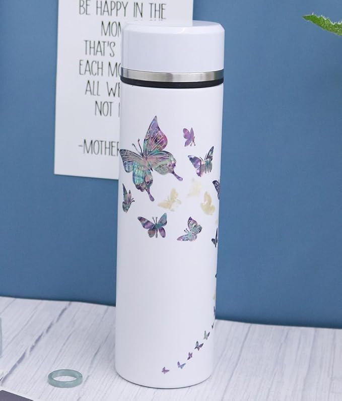 Mother of Pearl Design Stainless Steel Water Bottle with Tea Infuser Strainer 17 oz Leakproof Screw Cap Wide Mouth Double Wall Vacuum Insulated Travel Sport Water Flask Thermo Mug (Butterfly White)