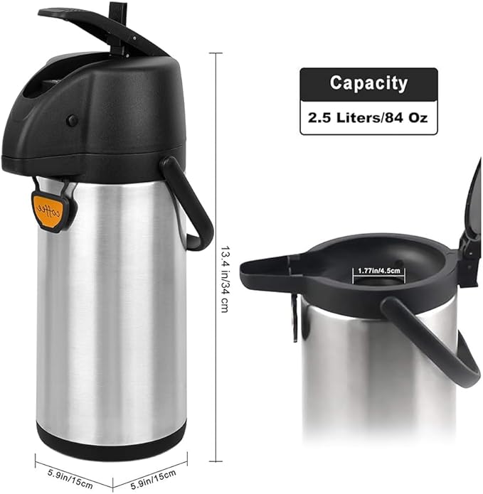Airpot Coffee Dispenser Thermal with Pump,2.5L/85 Oz Insulated Stainless Steel Large Airpot Coffee Carafe Lever Action for Hot/Cold Water,Thermal Carafes for Hot Cocoa for Parties
