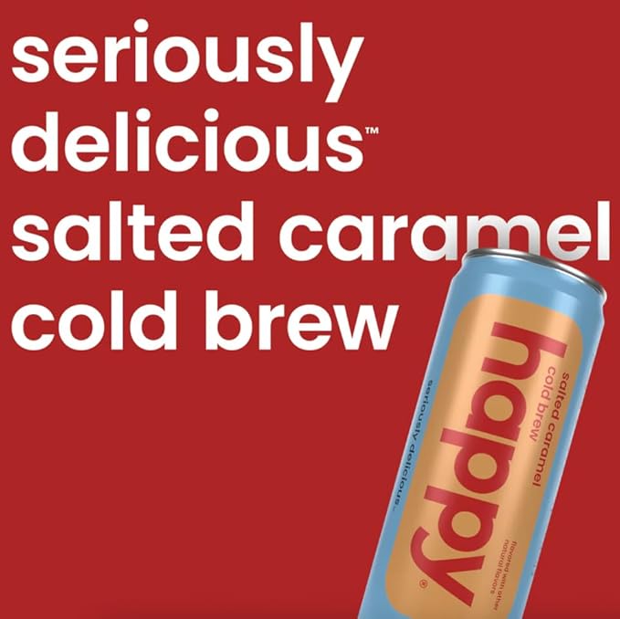 happy coffee salted caramel cold brew, 11 oz. cans, 12 pack, notes of brown sugar & brilliance, 100% arabica beans, no artificial flavors or artificial sweeteners