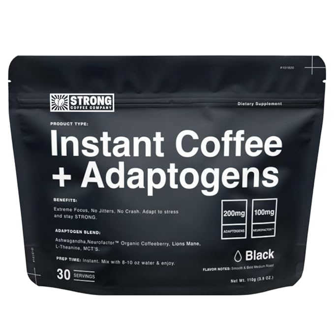 STRONG COFFEE COMPANY Organic Instant Black Coffee - Individual Servings, Extreme Focus, Adaptogen Coffee, No Jitters, No Crash (1, 30 Packets)