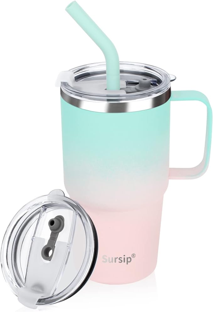 Sursip Kids Tumbler with Handle and Straw, 24 oz Stainless Steel Insulated Cpus for Boys Girls Leak-proof Lid Keep Cold Heat and Ice, Gifts for Kids Cups(Green/Pink-1 Pack)