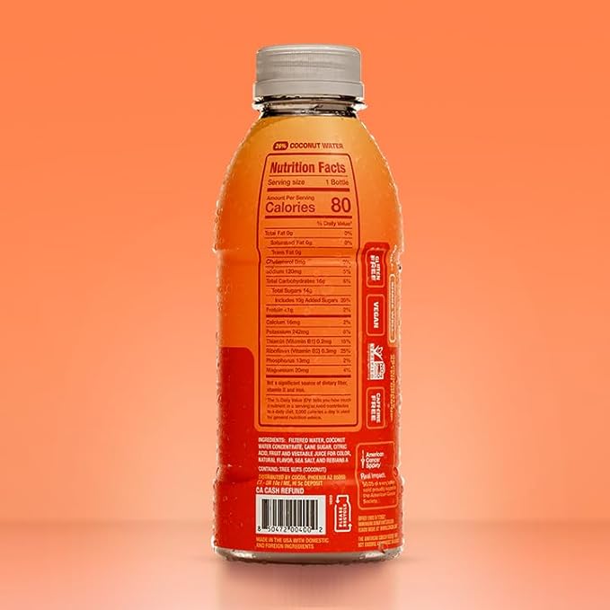 Coco5 Clean Sports Hydration Orange Flavor | 100% Natural | 50% Less Sugar | Nothing Artificial | Non-GMO | Gluten Free | Developed by Pro Trainers for Pro Athletes | 16.9 Oz (Pack - 12)